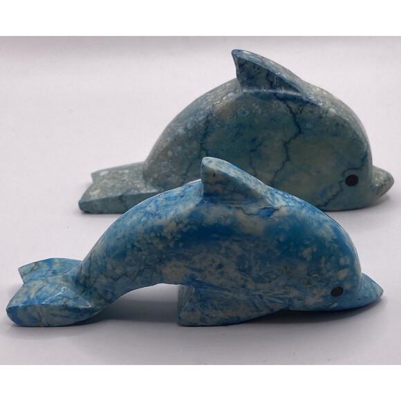 2 VTG  Blue Marble Hand Carved Dolphin Figurines Small Paperweights Desk Pieces - Picture 1 of 14
